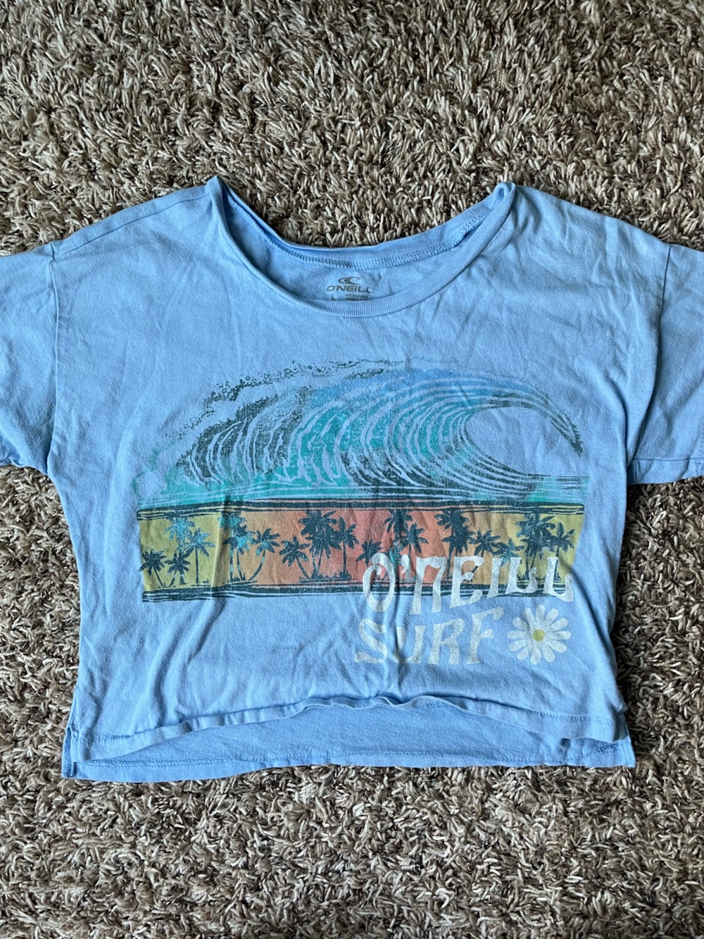 O'Neill Light Blue Surf Crop Tee with Rainbow Palm Graphic